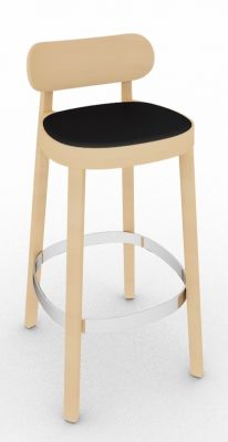 Thonet Holzstuhl 118 SPHT: Barhocker aus hellem Holz mit schwarzem Sitzpolster und Fußring.